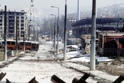 Overall view of downtown  Grbavica, a suburb of Sarajevo.  These apartments and houses once occupied by Bosnia Serbs are the last group to be turned over to the Muslims as required by the recent Dayton Peace Accord which produced a cease fire and permanent borders.