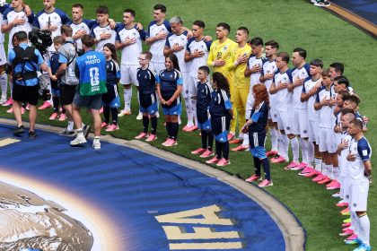 TORONTO, ONTARIO - JUNE 12: Bosnia and Herzegovina players stand for the national anthem before the FIFA World Cup 2026 Group B match between Canada and Bosnia and Herzegovina at Toronto Stadium on June 12, 2026 in Toronto, Ontario. (Photo by Ezra Shaw - FIFA/FIFA via Getty Images)