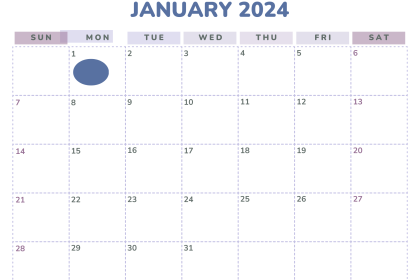 Purple Monthly January 2024 Sunday Start Calendar