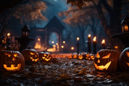 Jack-o'-lanterns glow on  spooky halloween evening.